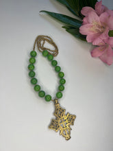 Load image into Gallery viewer, green strung stone with ethiopian caption cross
