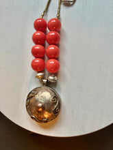 Load image into Gallery viewer, Orange ceramic beads with Ethiopia brass art
