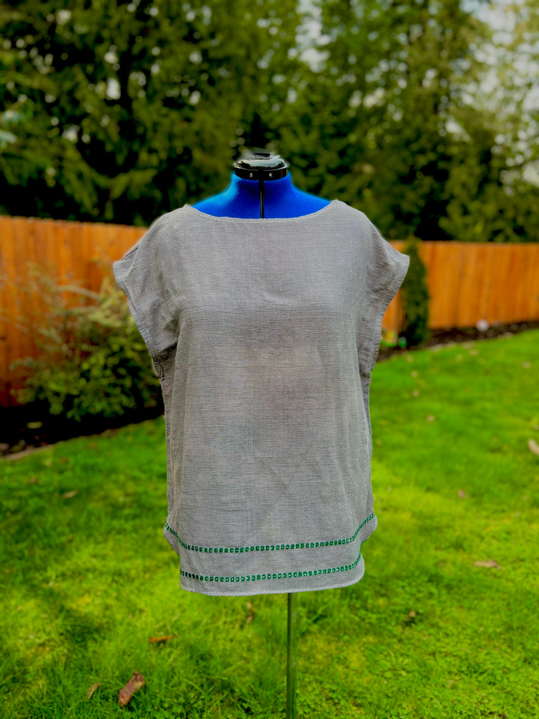 Grey cotton Casual top with green and silver pattern