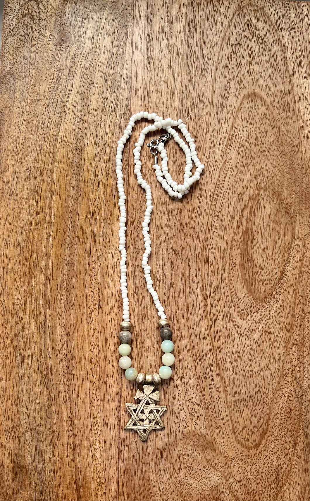 White & Amazonite beads with brass art