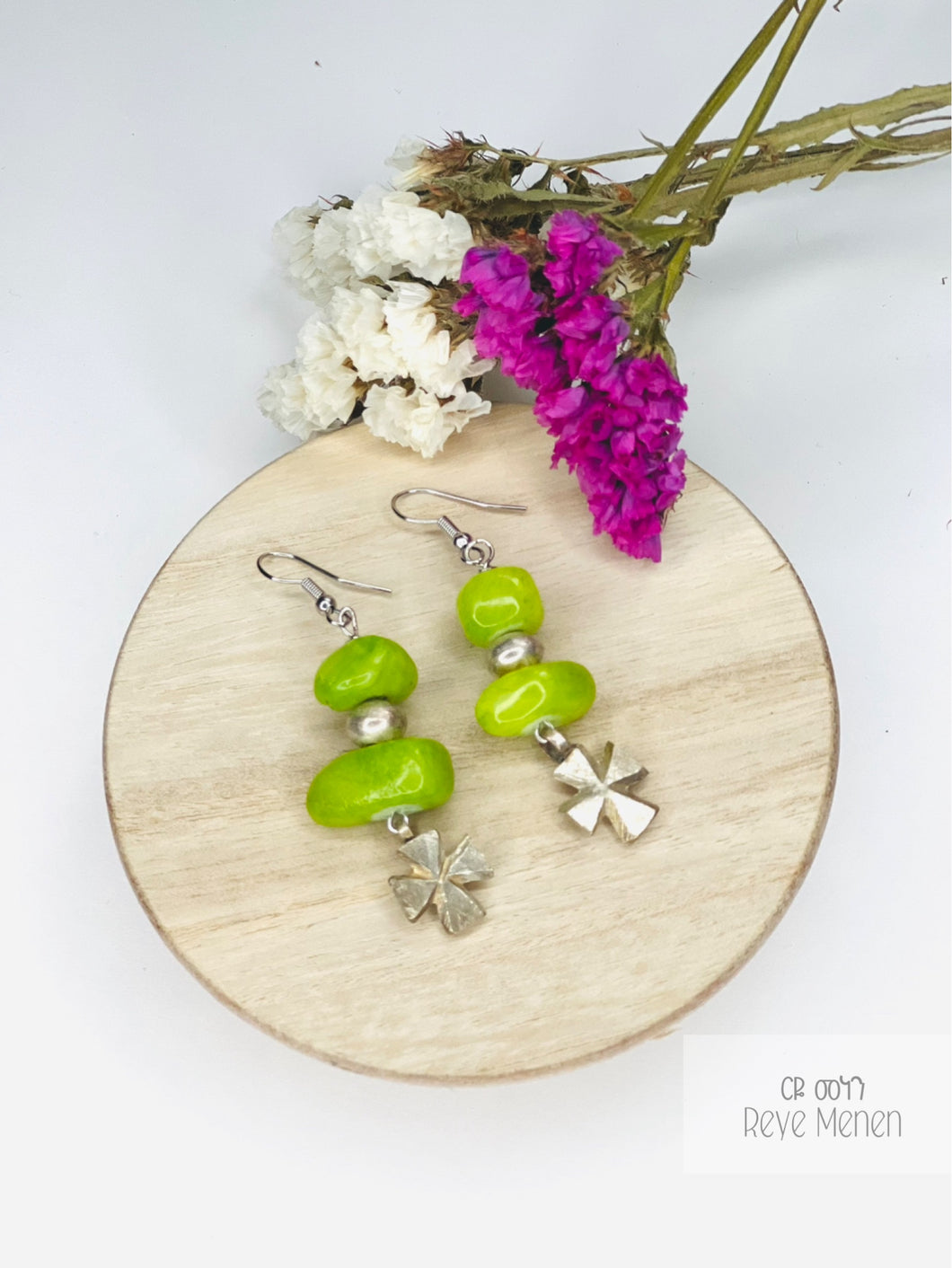 Lime Natural Jacde Strand with sliver brass cross drop earrings