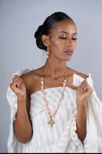 Load image into Gallery viewer, Rose Quartz Stone with brass cross Necklace and earring
