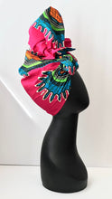 Load image into Gallery viewer, African print head wrap medium size pink &amp; blue

