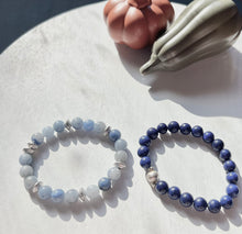 Load image into Gallery viewer, blue marble 8mm beads with brass bracelet
