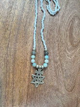 Load image into Gallery viewer, White &amp; Amazonite beads with brass art
